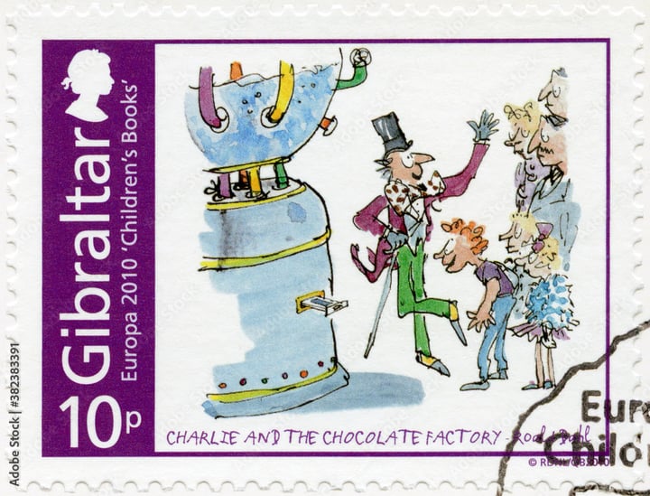 Stamp with a picture of Roald Dahl's characters on it