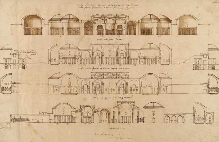Andrea Palladio, Baths of Trajan, Rome- elevations and sections. 1570s, RIBA Collections